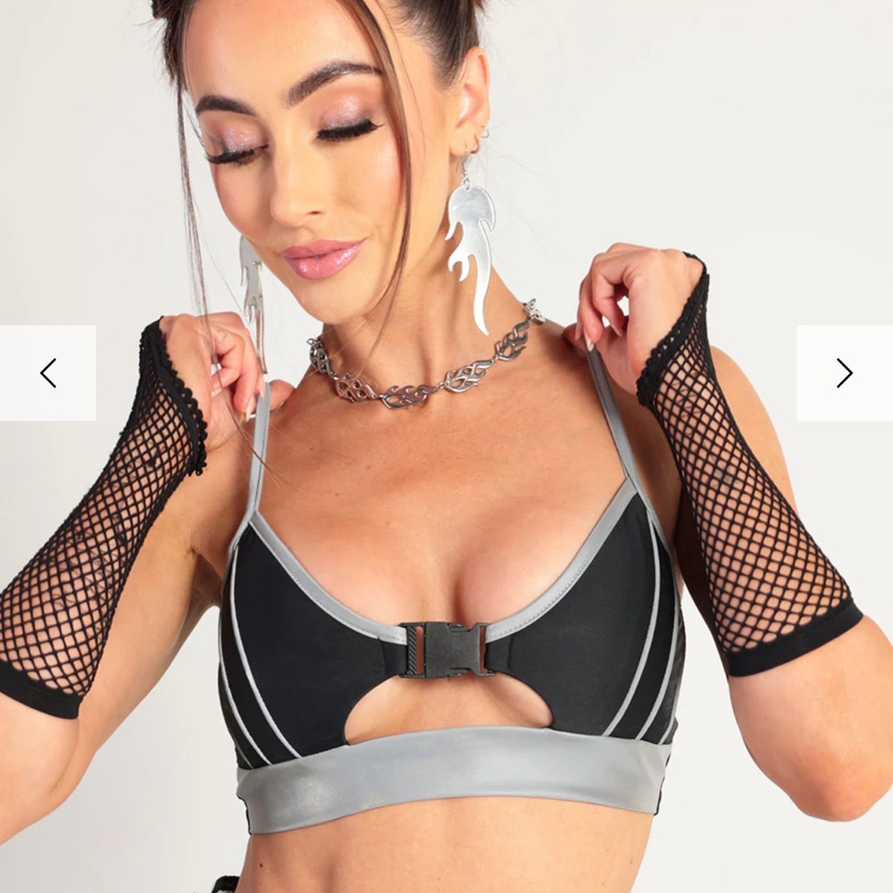 iHeartRaves Thunder Shock Reflective Speed Clasp Crop Top - Black/Silver - M
